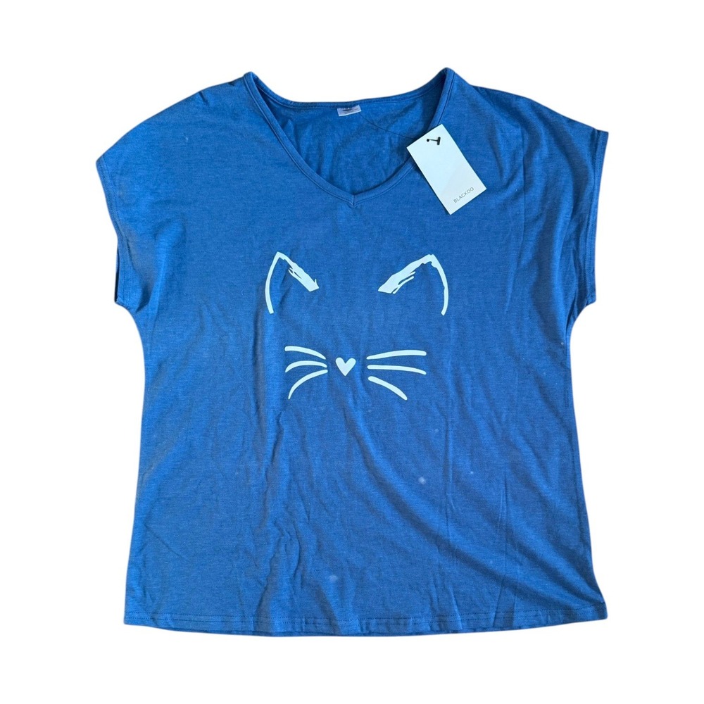 NWT Blue Cat Face Graphic V-Neck Short Sleeve Tee Shirt